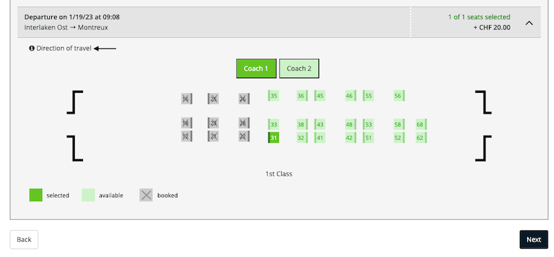 Screenshot from seat reservation booking area on the GoldenPass Express website.