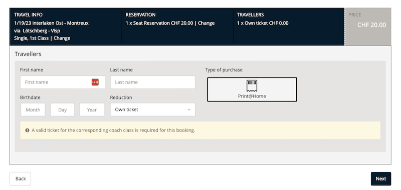 Screenshot from seat reservation booking area on the GoldenPass Express website.