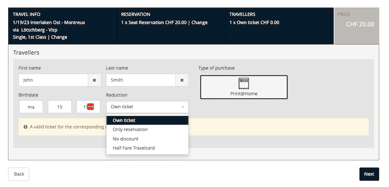 Screenshot from seat reservation booking area on the GoldenPass Express website.