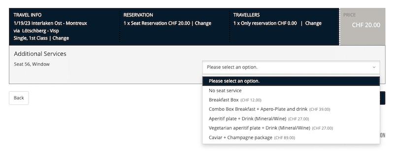 Screenshot from seat reservation booking area on the GoldenPass Express website.