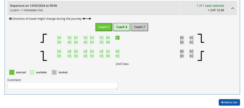 Instructions for making seat reservations on Luzern-Interlaken Express