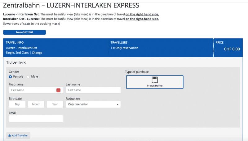 Instructions for making seat reservations on Luzern-Interlaken Express